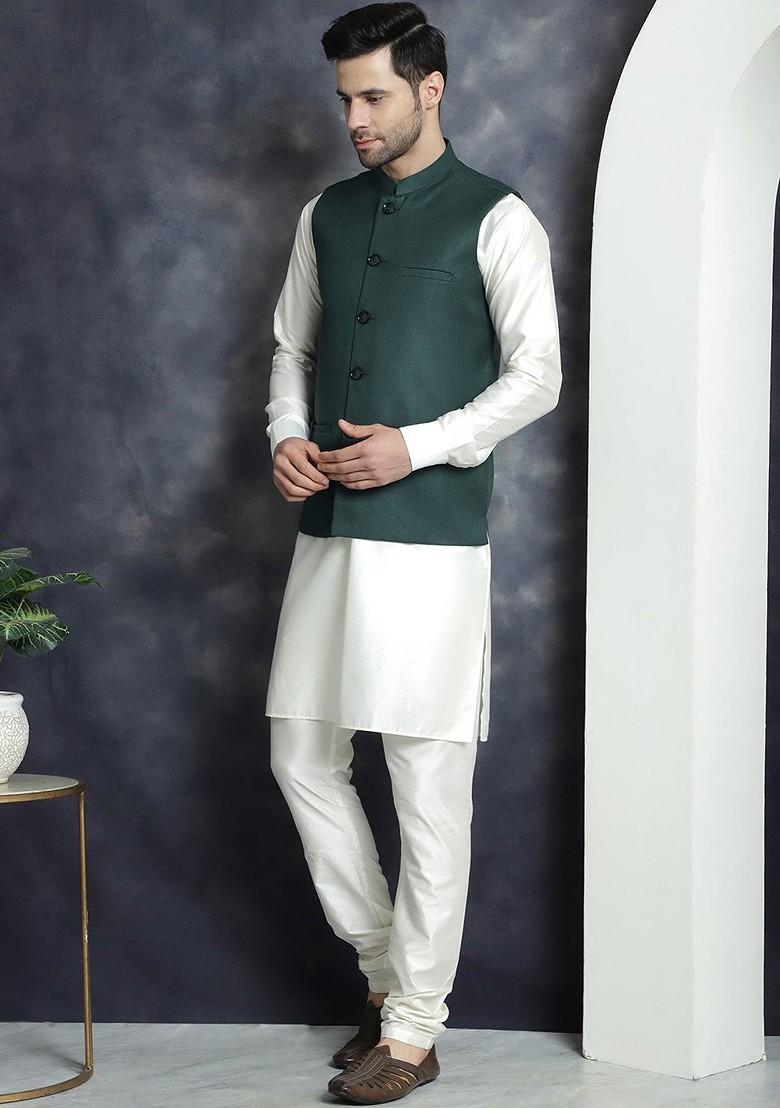 Olive Embroidered Poly Blend Kurta Set For Men