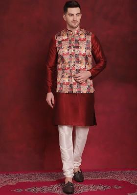 Red Printed Poly Blend Kurta Set For Men