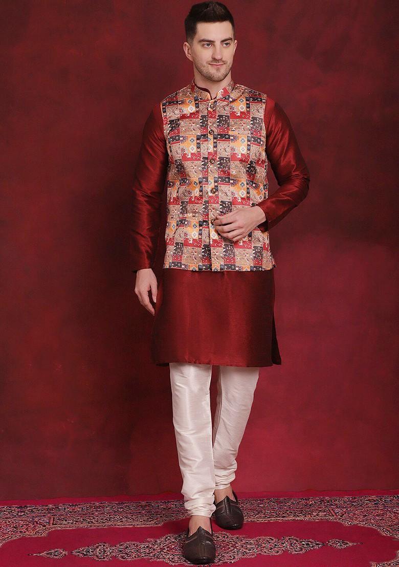 Red Printed Poly Blend Kurta Set For Men