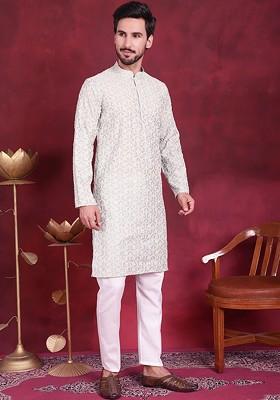 Green Embroidered Poly Blend Kurta Set For Men