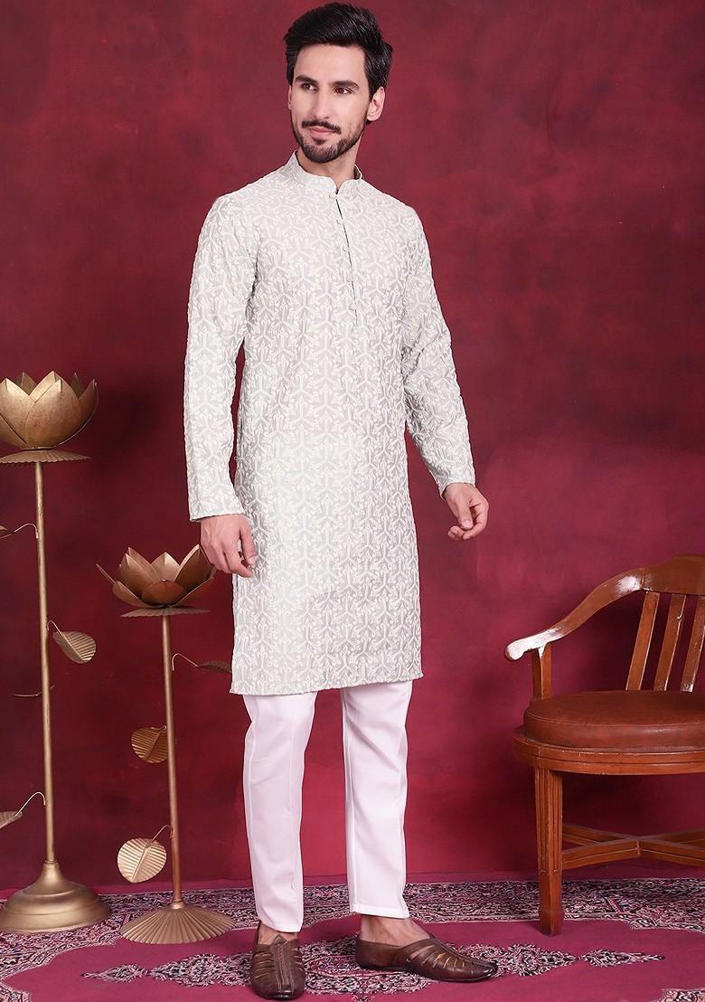 Green Embroidered Poly Blend Kurta Set For Men