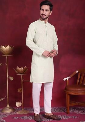 Green Embroidered Poly Blend Kurta Set For Men