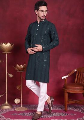 Olive Embroidered Poly Blend Kurta Set For Men