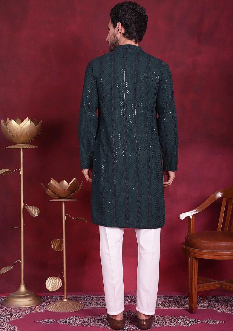 Olive Embroidered Poly Blend Kurta Set For Men