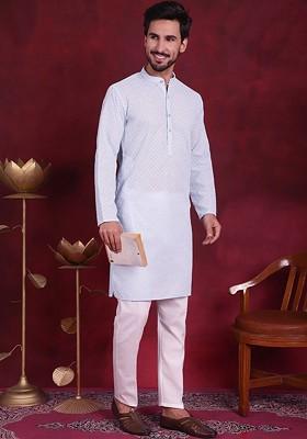 Turquoise Blue Embroidered Poly Blend Kurta Set For Men