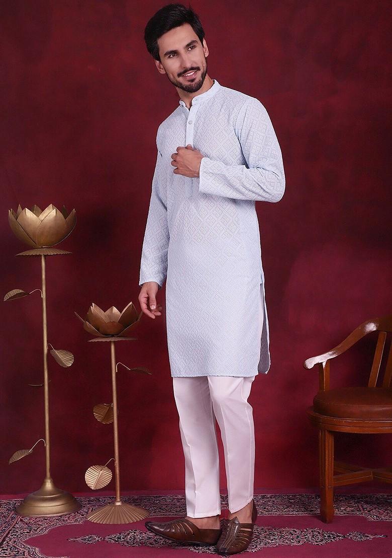 Turquoise Blue Embroidered Poly Blend Kurta Set For Men
