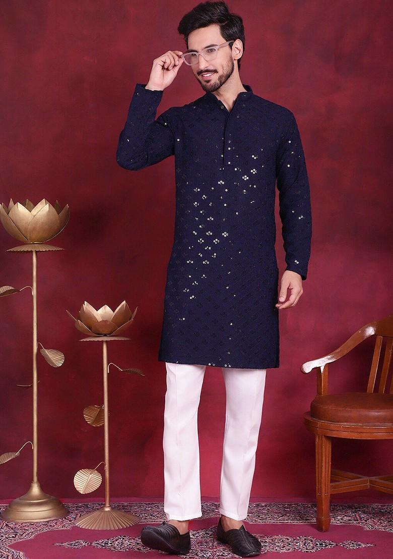 Navy Blue Embroidered Poly Blend Kurta Set For Men