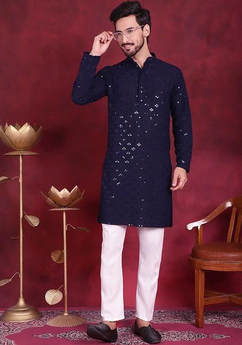 Navy Blue Embroidered Poly Blend Kurta Set For Men