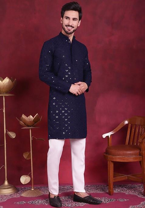 Navy Blue Embroidered Poly Blend Kurta Set For Men