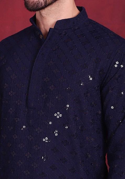 Navy Blue Embroidered Poly Blend Kurta Set For Men