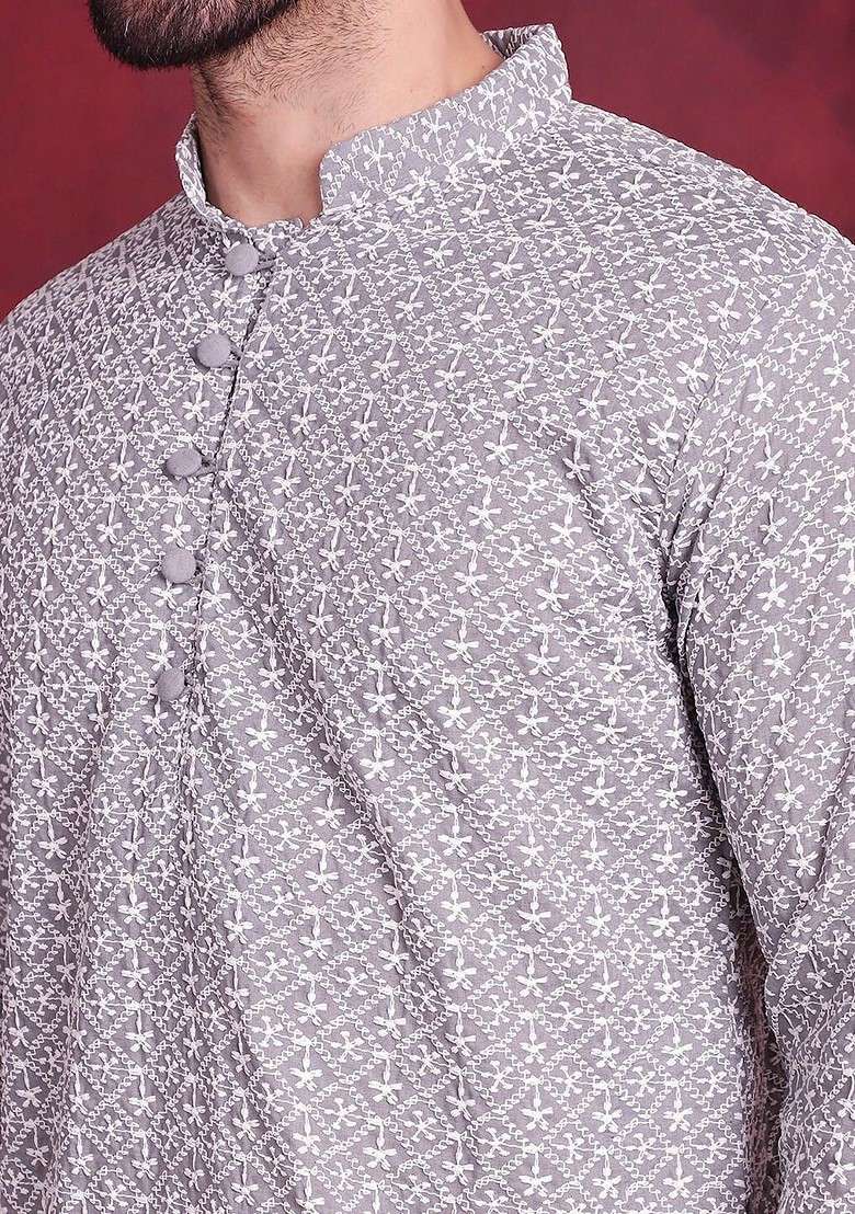 Grey Embroidered Poly Blend Kurta Set For Men - Indya