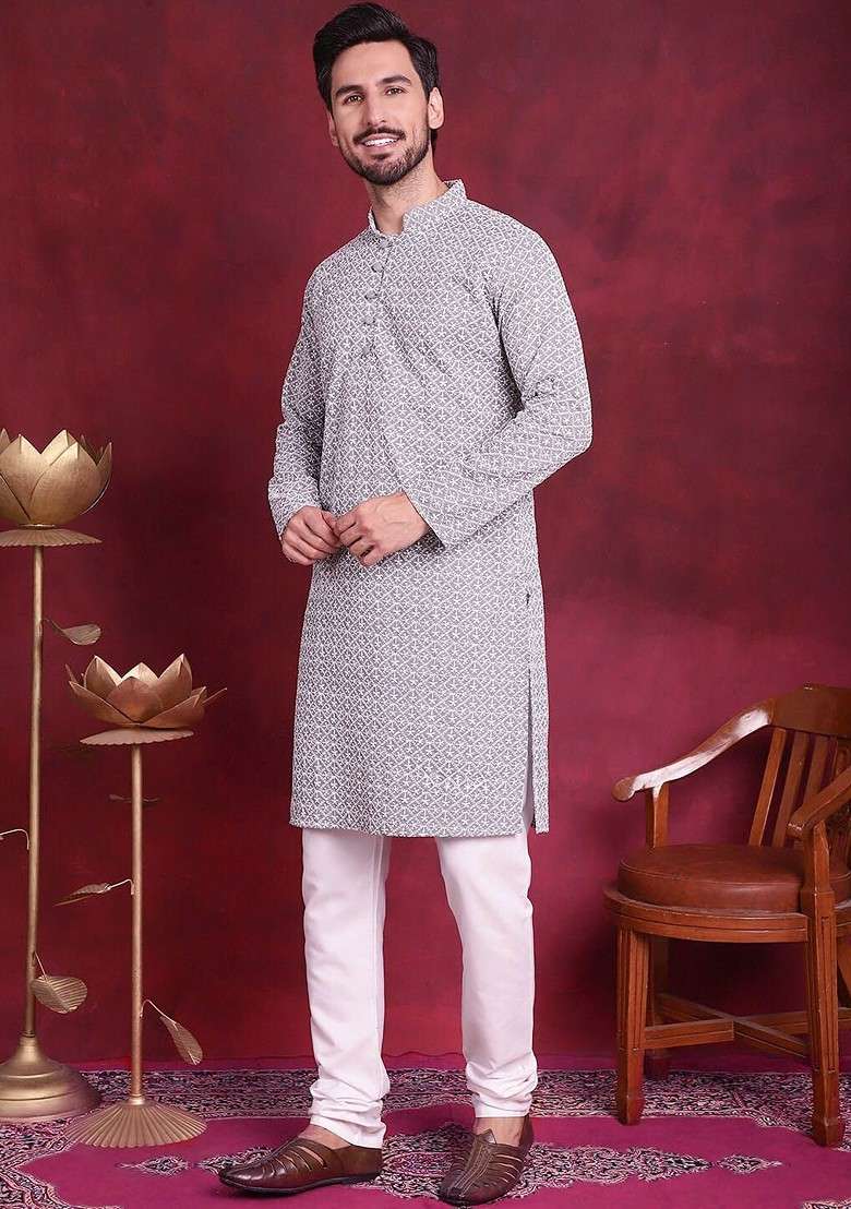 Grey Embroidered Poly Blend Kurta Set For Men - Indya