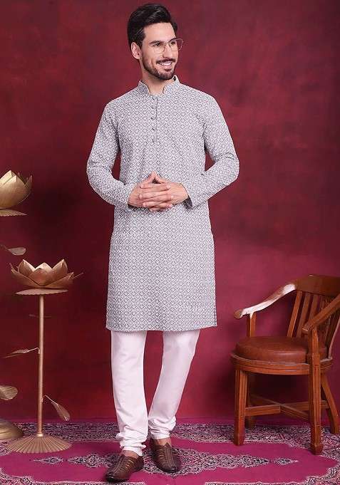 Grey Embroidered Poly Blend Kurta Set For Men