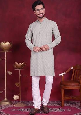 Green Embroidered Poly Blend Kurta Set For Men