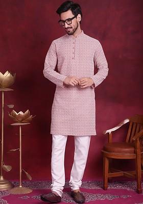 Coral Embroidered Poly Blend Kurta Set For Men