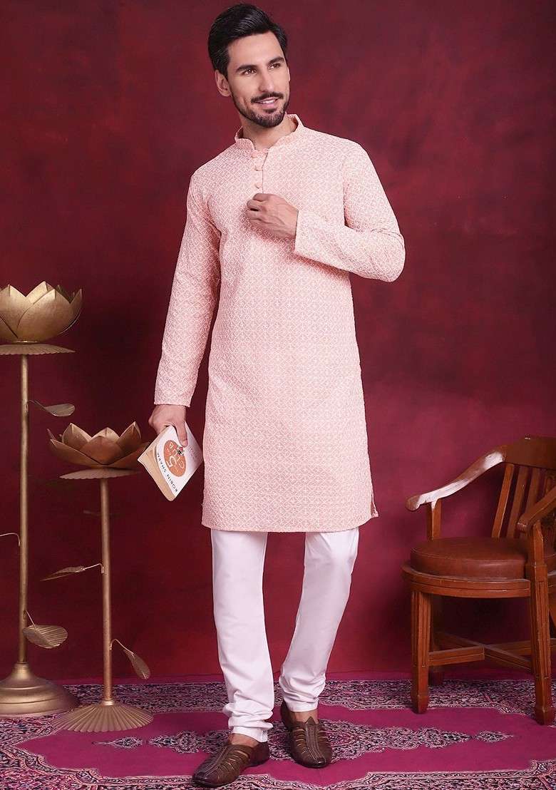 Orange Embroidered Poly Blend Kurta Set For Men - Indya