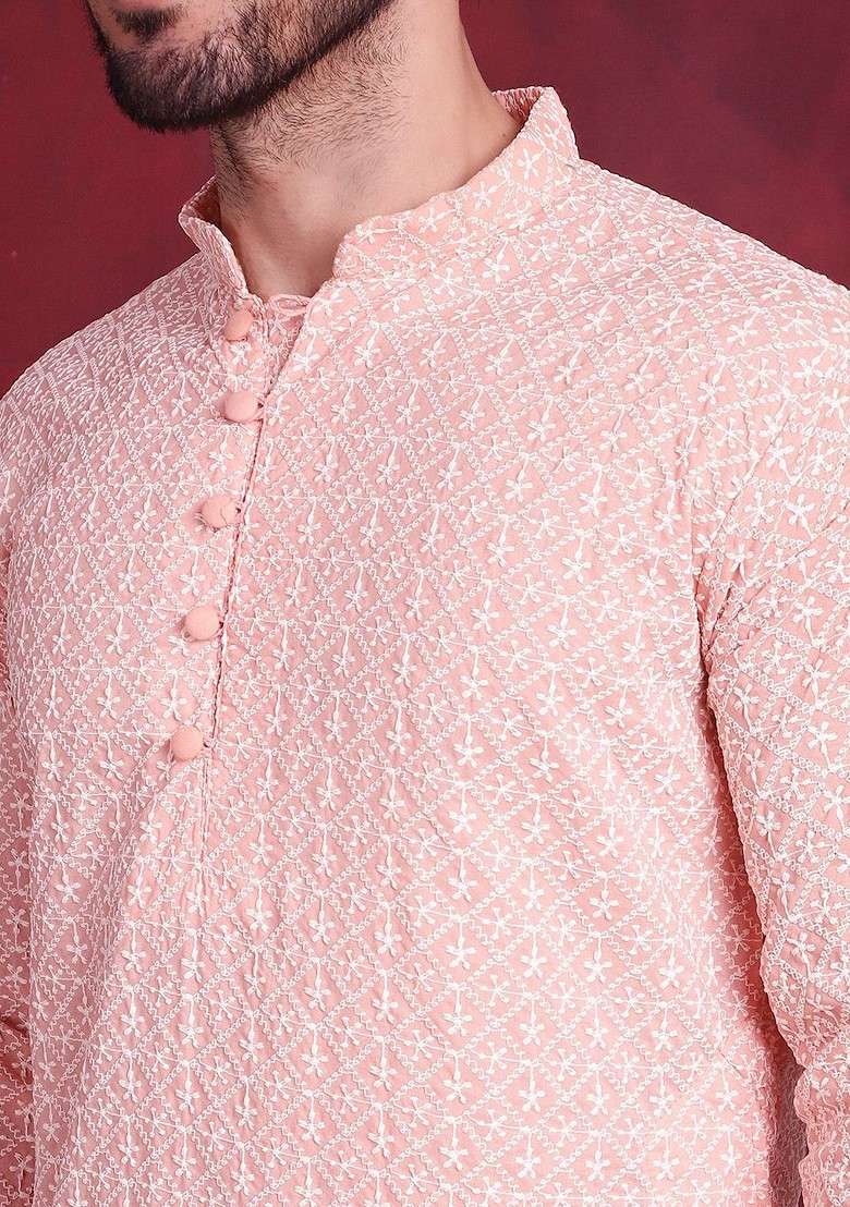 Orange Embroidered Poly Blend Kurta Set For Men - Indya