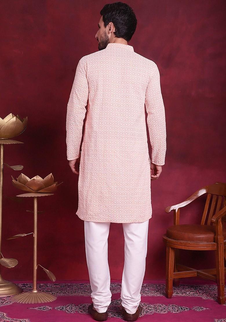 Orange Embroidered Poly Blend Kurta Set For Men