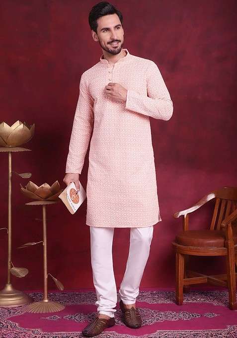Orange Embroidered Poly Blend Kurta Set For Men