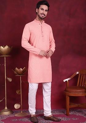 Peach Embroidered Poly Blend Kurta Set For Men