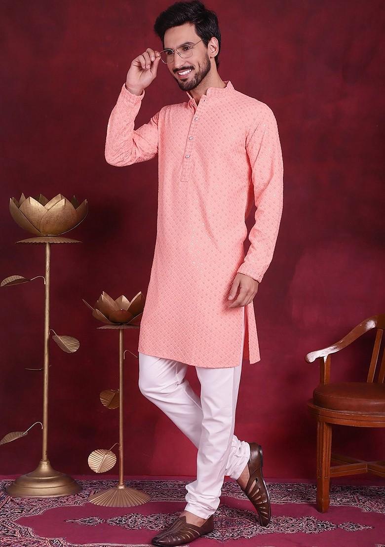 Peach Embroidered Poly Blend Kurta Set For Men