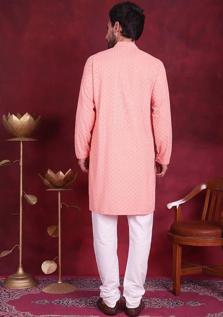 Peach Embroidered Poly Blend Kurta Set For Men