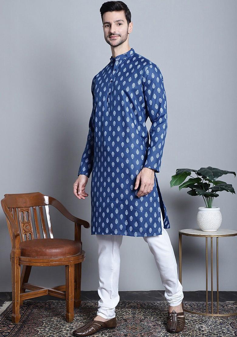 Navy Blue Printed Poly Blend Kurta Set For Men