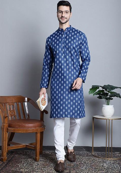 Navy Blue Printed Poly Blend Kurta Set For Men