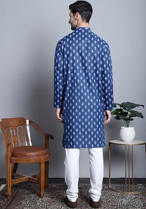 Navy Blue Printed Poly Blend Kurta Set For Men