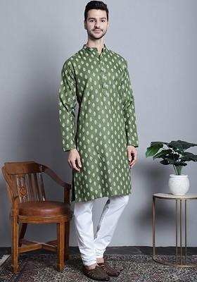 Olive Printed Poly Blend Kurta Set For Men