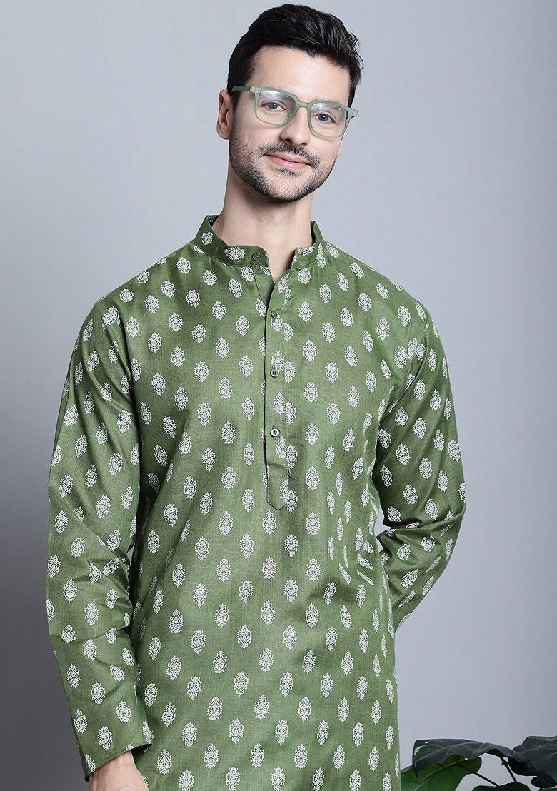 Olive Printed Poly Blend Kurta Set For Men