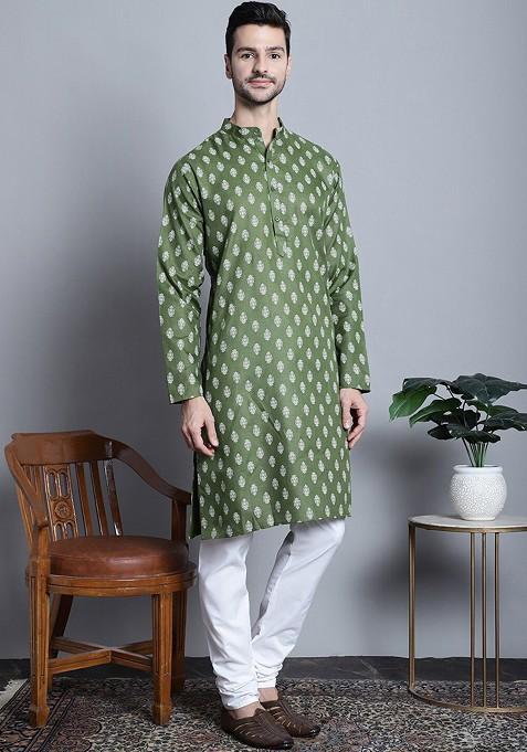 Olive Printed Poly Blend Kurta Set For Men