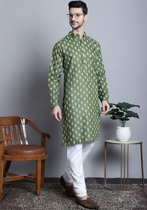 Olive Printed Poly Blend Kurta Set For Men