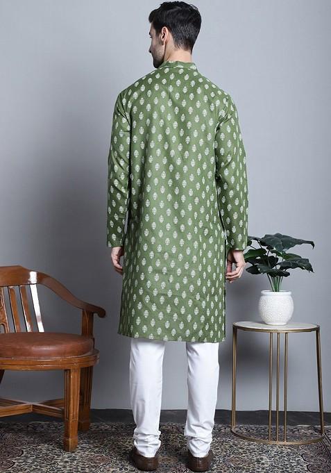Olive Printed Poly Blend Kurta Set For Men
