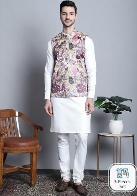 Off White Embroidered Poly Blend Kurta Set For Men