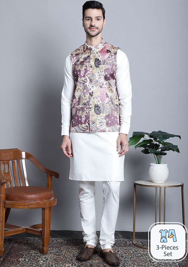 Off White Embroidered Poly Blend Kurta Set For Men - Indya