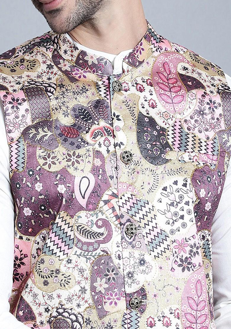 Off White Embroidered Poly Blend Kurta Set For Men