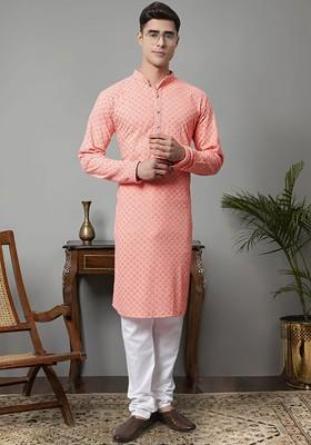 Peach Embroidered Poly Blend Kurta Set For Men