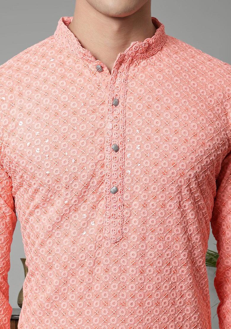 Peach Embroidered Poly Blend Kurta Set For Men
