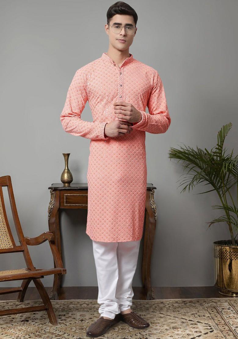 Peach Embroidered Poly Blend Kurta Set For Men