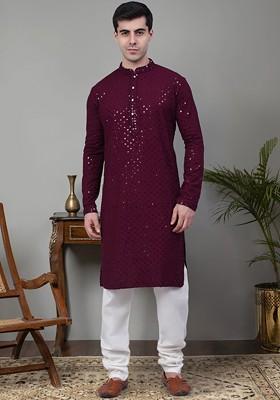 Purple Embroidered Poly Blend Kurta Set For Men