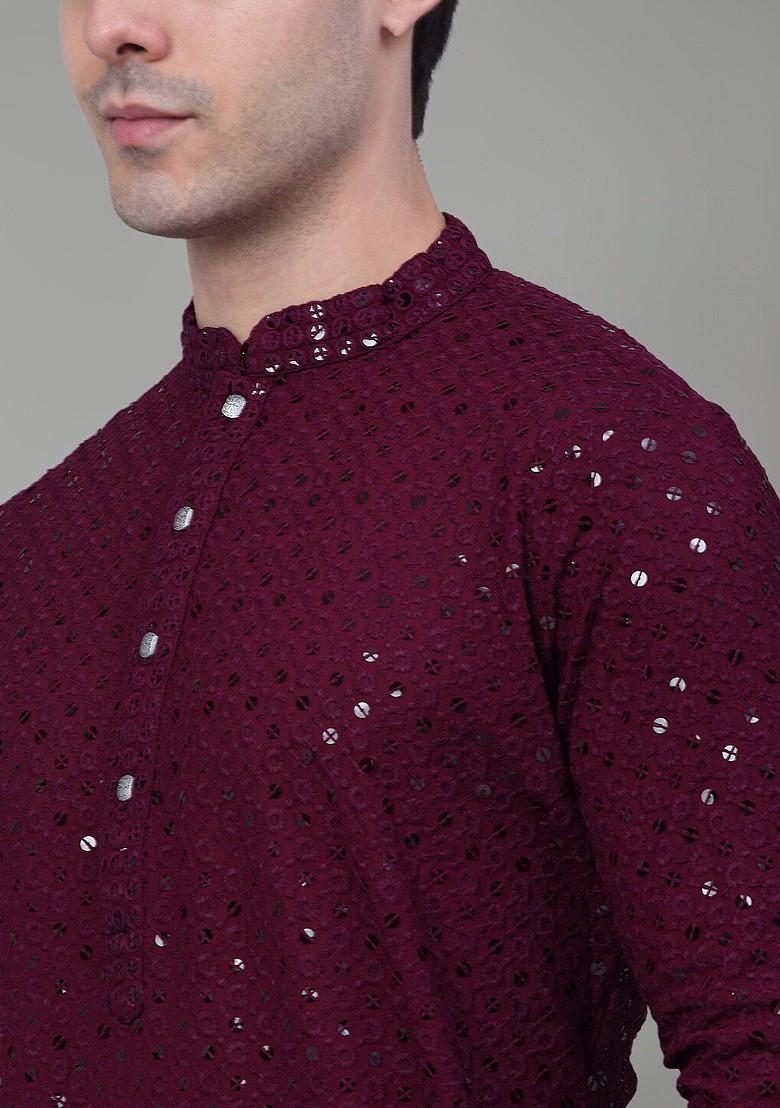 Purple Embroidered Poly Blend Kurta Set For Men