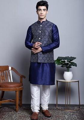 Navy Blue Printed Poly Blend Kurta Set For Men