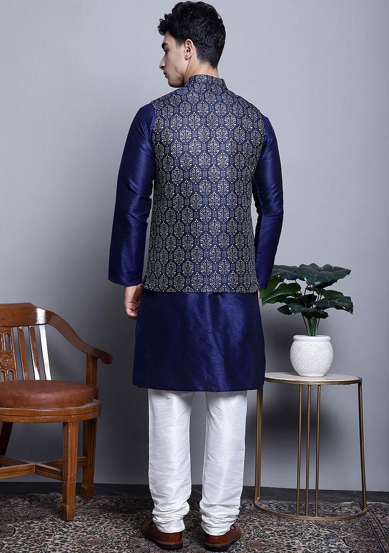 Navy Blue Printed Poly Blend Kurta Set For Men