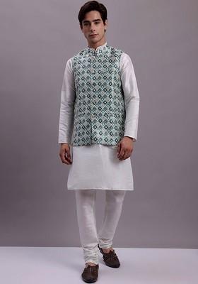 Turquoise Blue Woven Design Poly Blend Kurta Set For Men