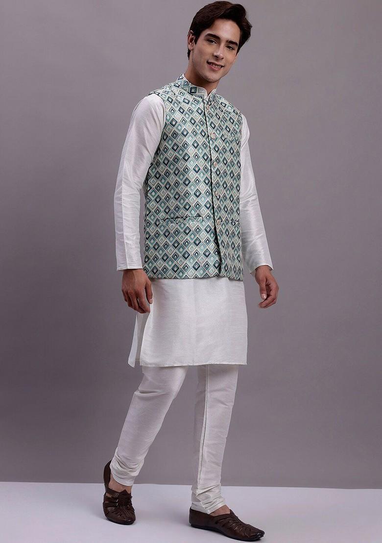 Turquoise Blue Woven Design Poly Blend Kurta Set For Men