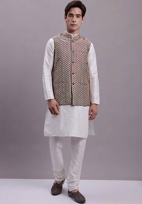 White Woven Design Poly Blend Kurta Set For Men