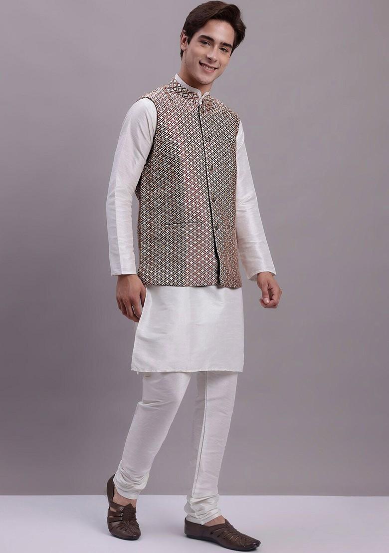 White Woven Design Poly Blend Kurta Set For Men