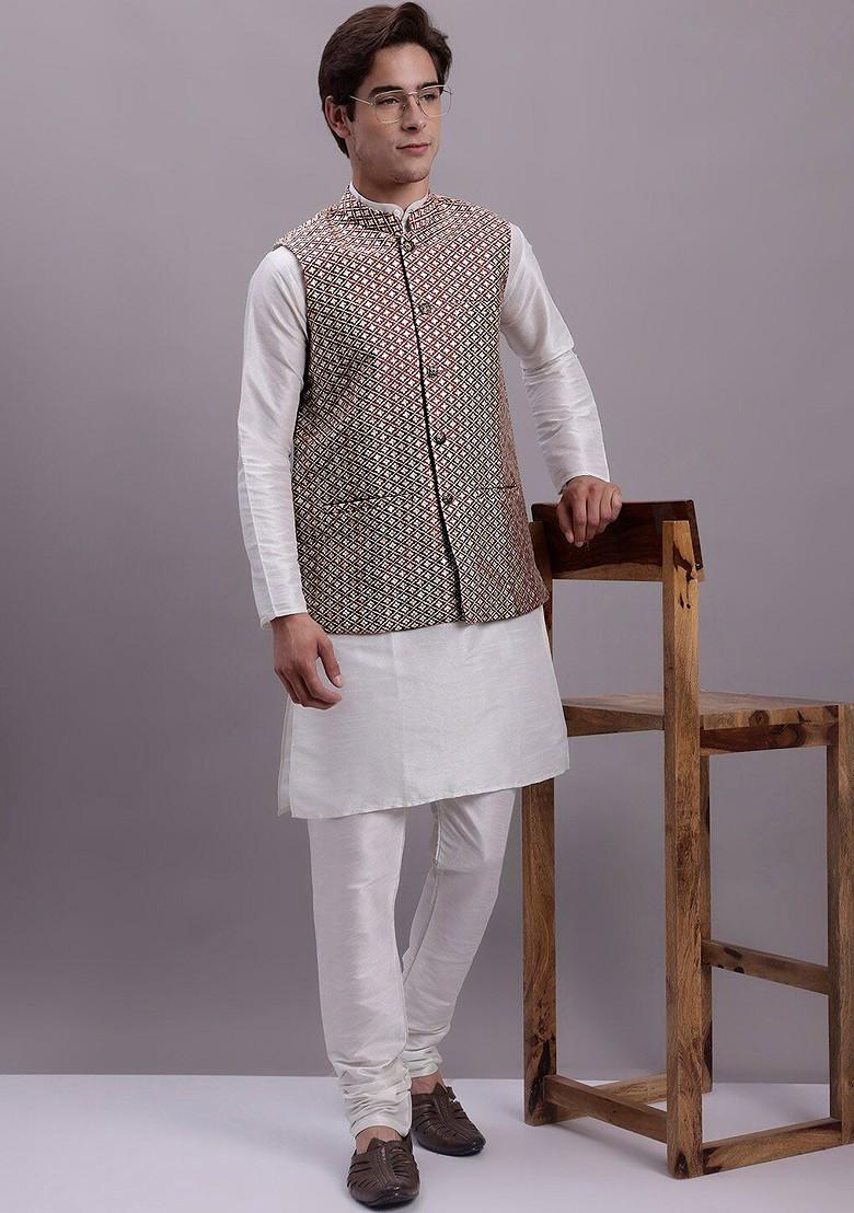 White Woven Design Poly Blend Kurta Set For Men