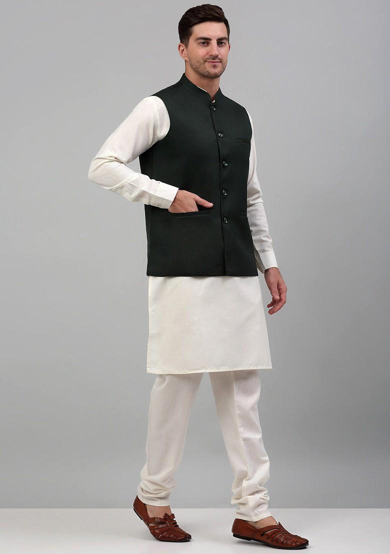 Olive Embroidered Poly Blend Kurta Set For Men